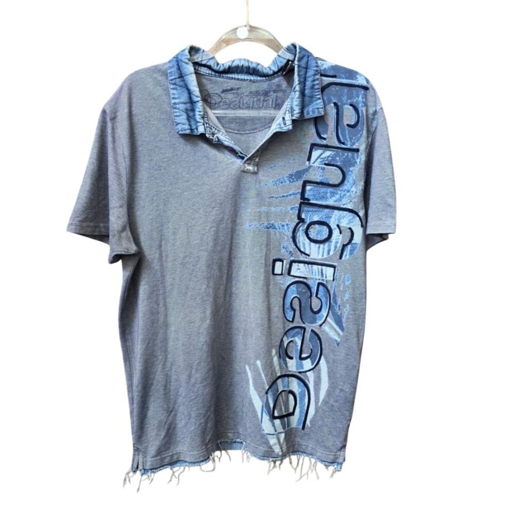 Desigual Distressed Mens Polo Size Large Raw Hem Logo Blue Lightweight
